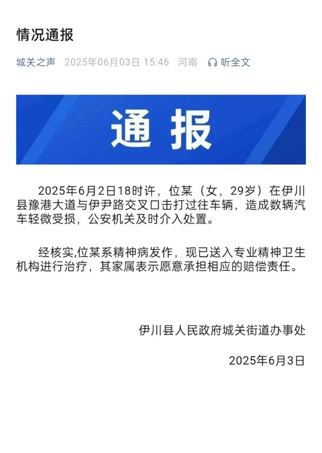 车通报：系精神病发作家属愿意承担赔偿冰球突破豪华版女子持械当街打砸多辆轿(图3)